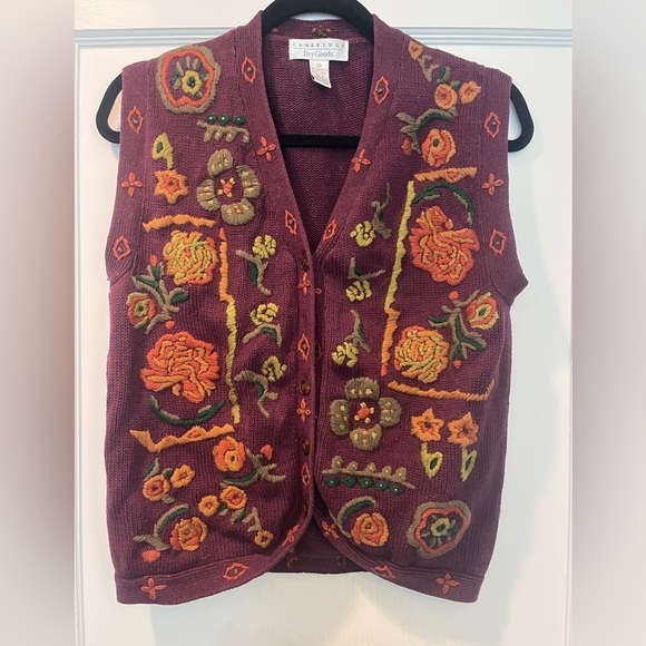 Cambridge Dry Goods Sweaters - Vintage Burgundy Embroidered Floral Knit Sweater Vest Size M